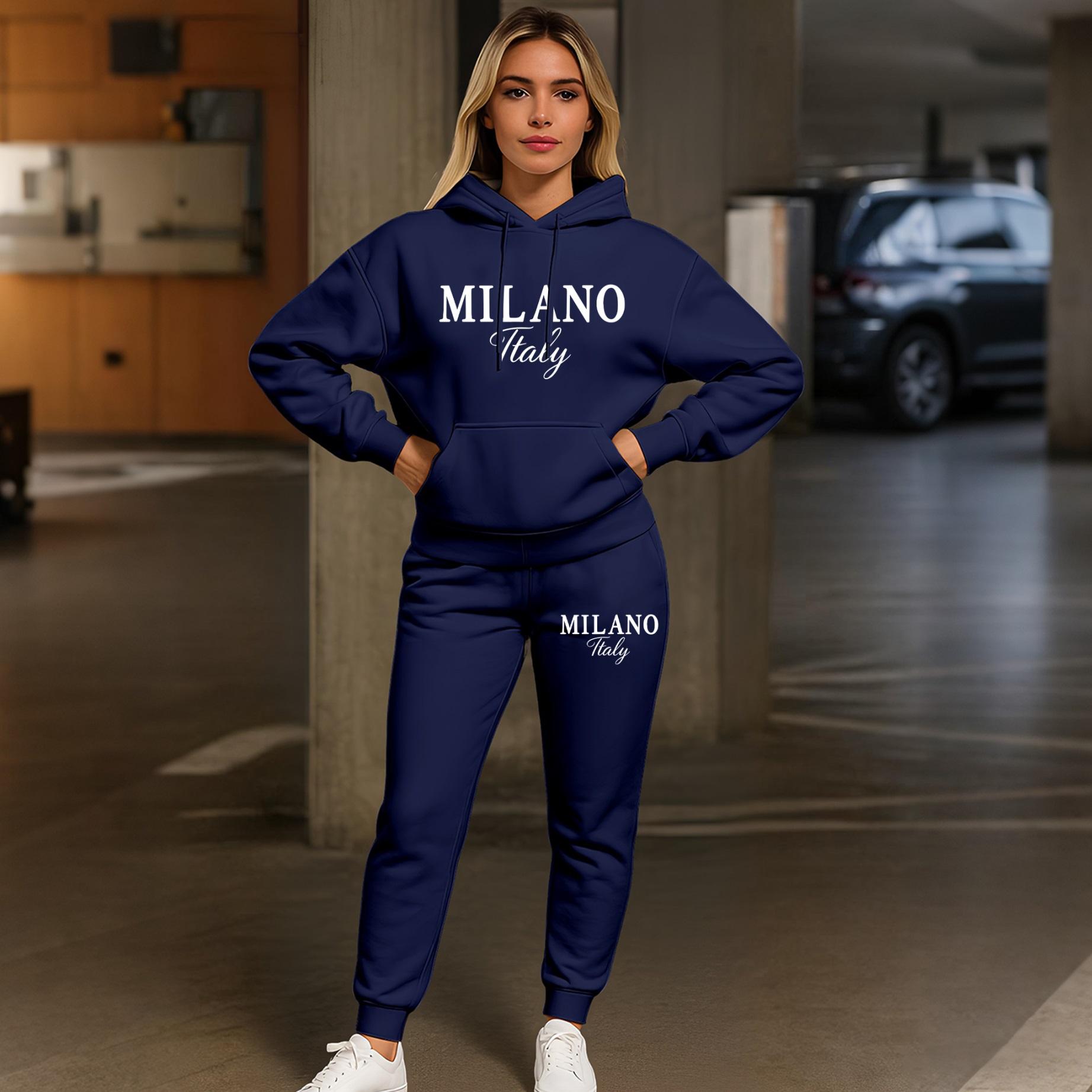 Women's MILANO Print Hoodie & Jogger Set, Long Sleeve Hooded Sweatshirt + Drawstring Pants, Fall/Winter Casual Sportswear, Comfortable Streetwear Tracksuit for Indoor & Outdoor Women's MILANO Print Hoodie & Jogger Set, Long Sleeve Hooded Sweatshirt + Drawstring Pants, Fall/Winter Casual Sportswear, Comfortable Streetwear Tracksuit for Indoor & Outdoor