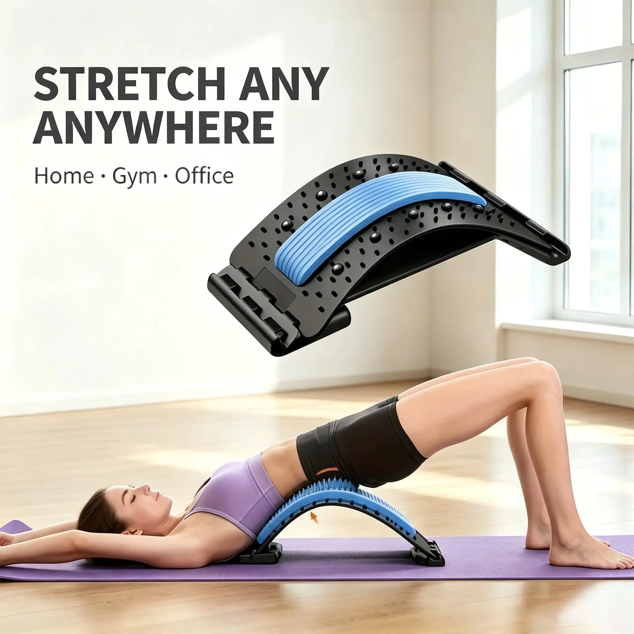 Four-Section Adjustable Back Extender and Posture Corrector, Ergonomic Lumbar Support with Massage, Safe Handle, Office, Car, Home Use, Adjustable Back Stretcher
