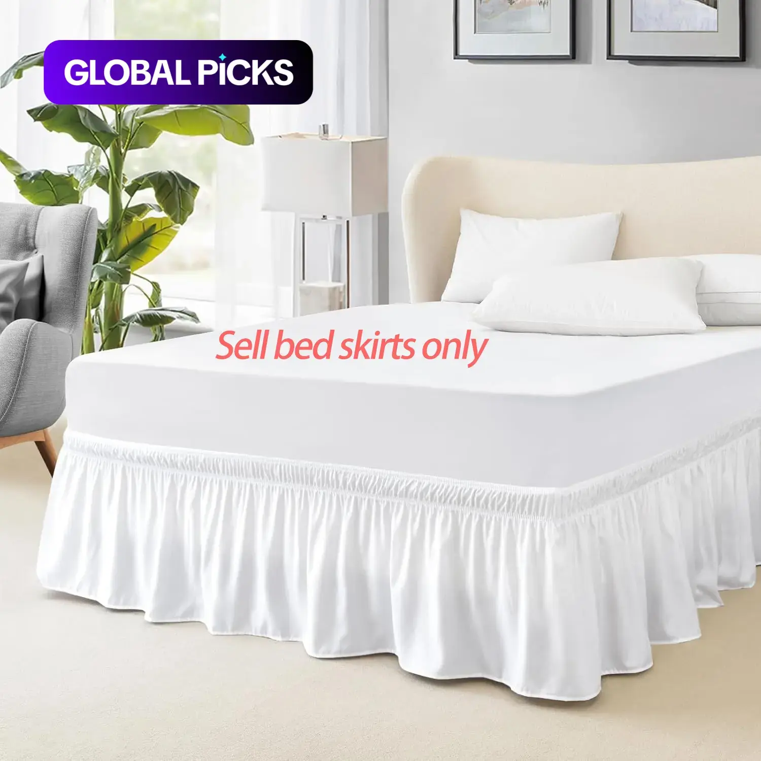 Fitted bed skirt, suitable for large beds, Bedroom, 15 inches (approx. 38.1 cm) drop, white adjustable elastic bed cover, fits easily, wrinkle-resistant and fade-resistant, silky luxurious fabric, machine washable, Bedding Supplies #GLOBAL PICKS