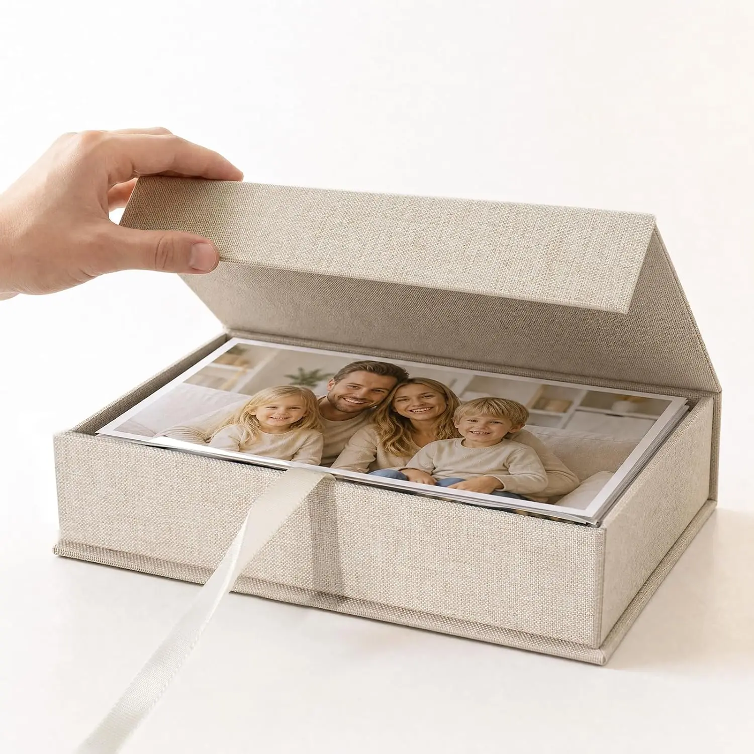 Photo Storage Box 5x7, Linen Photo Box, Memory Box to Store Photos, , Scrapbooking Supplies, Keepsakes and , Connected Lid Stackable Household Organizer Box Beige