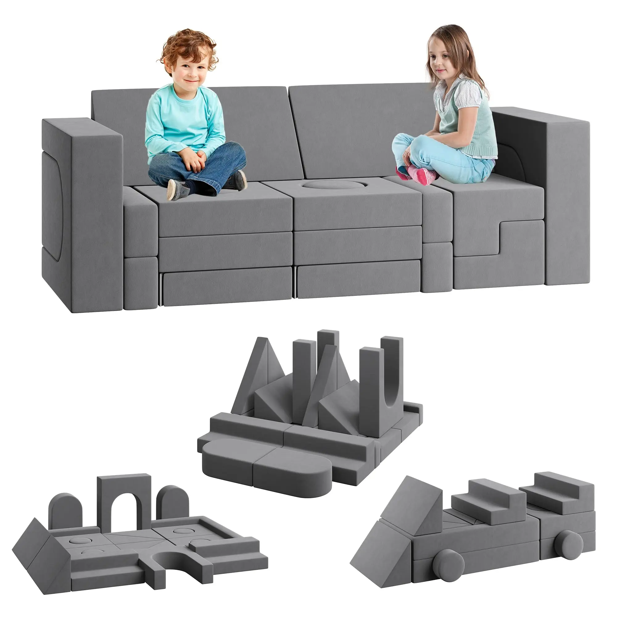 22-Piece Modular Kids Foam Block Play Couch, Convertible 2-Seat Soft Sofa Easy to Clean, Safe Educational Furniture Boosting Children Motor Skills