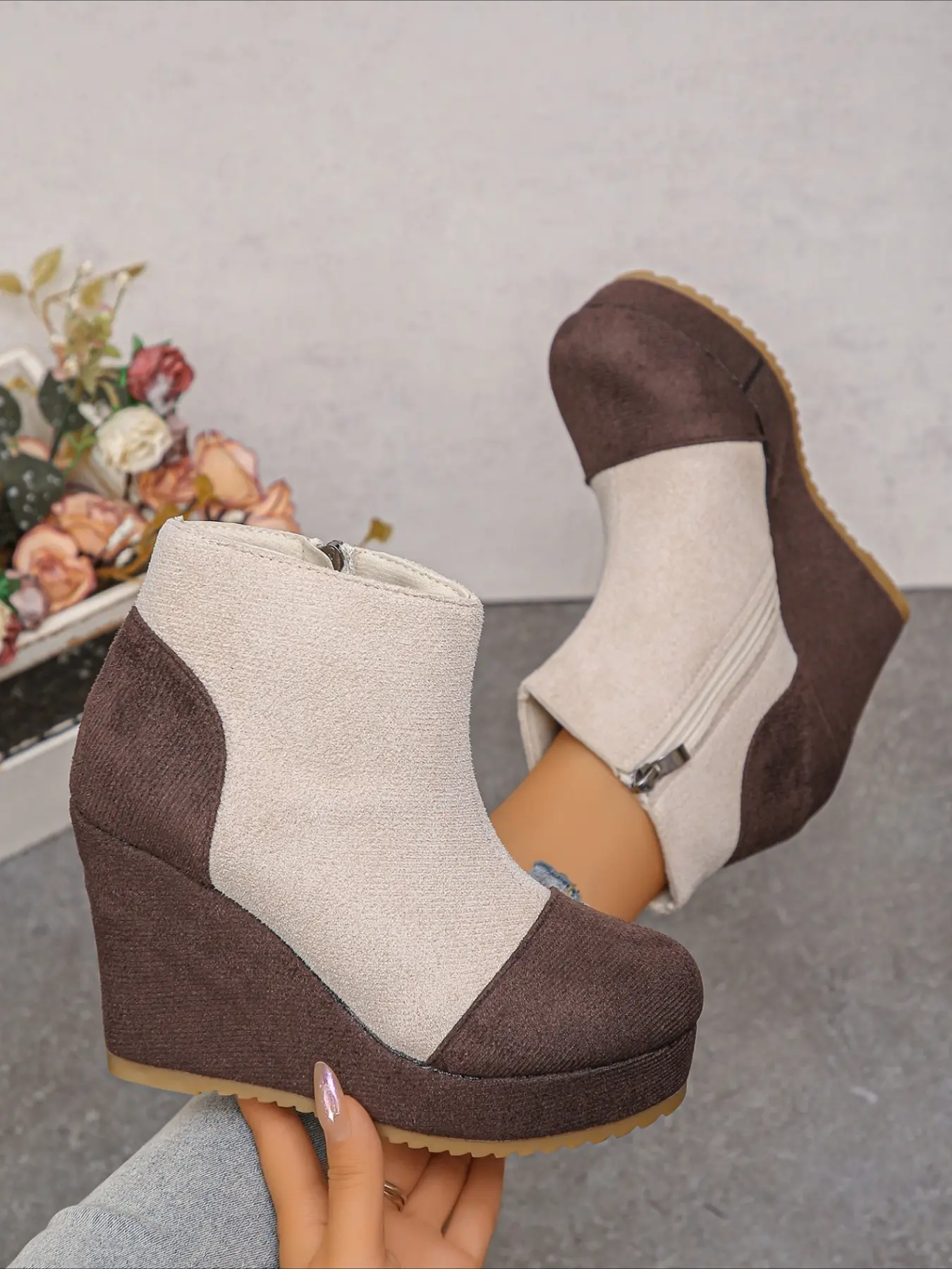 Color block wedge ankle boots side zipper easy wear thick platform round toe vintage autumn winter women shoes