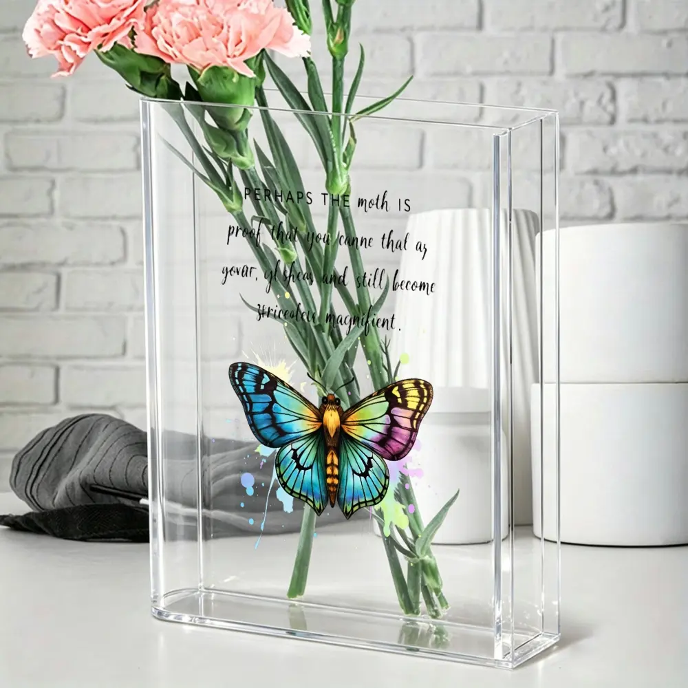 1Pc Acrylic Vase, Rainbow Butterfly And Inspirational Quote, Transparent Rectangular Design With Vibrant Colors, Office Home Living Room Decor, For Friends And Family Who Love Nature, Modern Desk Or Shelf Decoration