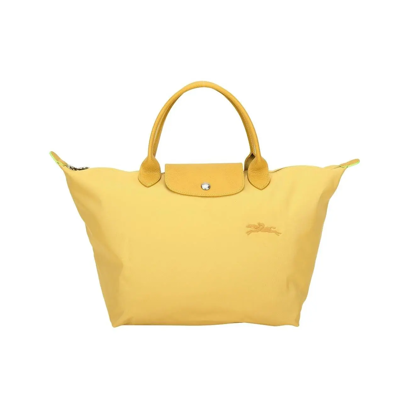 Longchamp Solid Embroidered Logo Snap-Zip Clutch Bag for Women, Fabric and Calfskin Blend, Wheat Yellow
