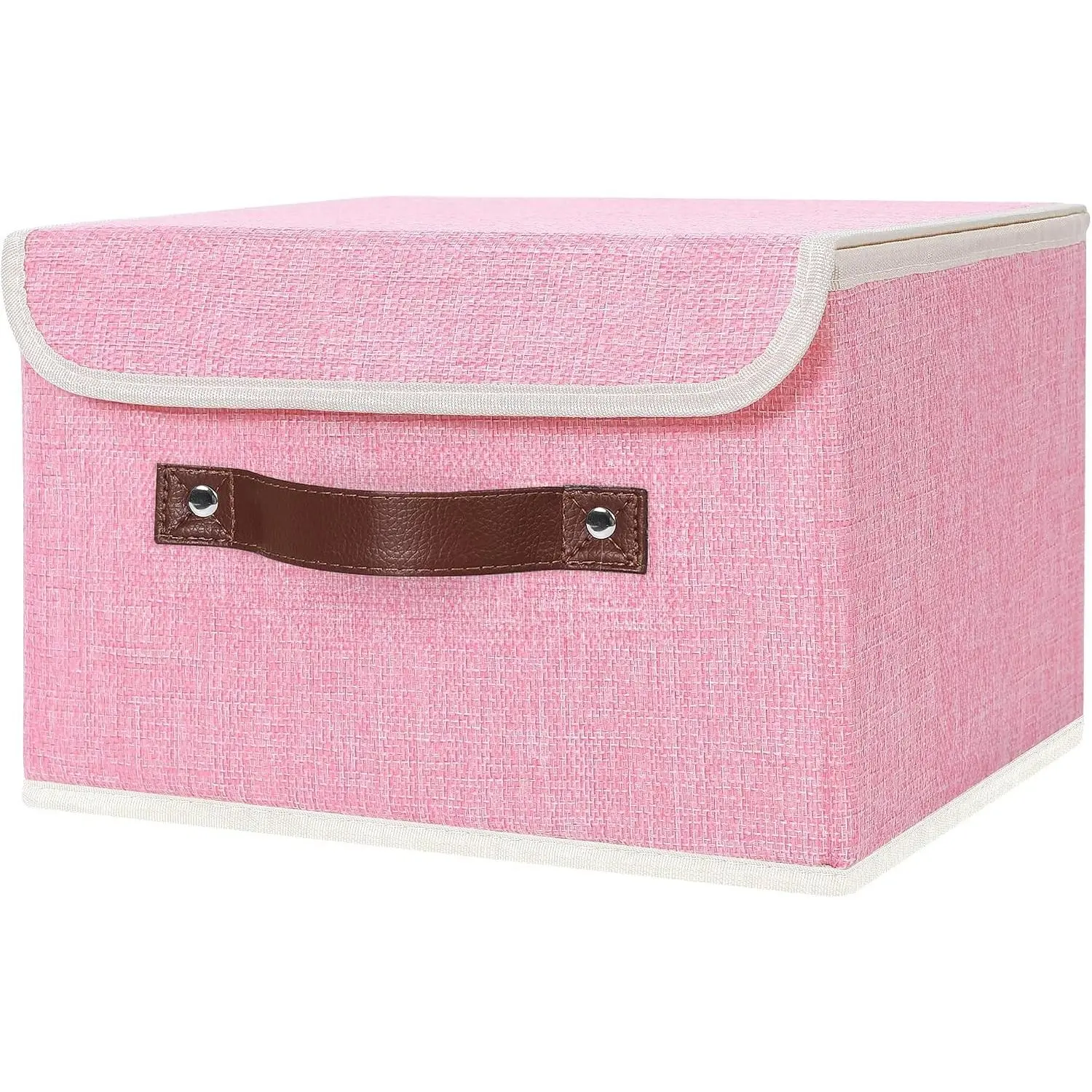 Fabric Storage Box Bins with Lids, Pink, 10"x8"x7" | Keepsake Memory Storage, Cotton Linen, PP Board Reinforced, Washable, PU Handles, Foldable & Stackable, Decorative, Small
