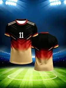 Summer Men's German Gradient Football 11 Print Short Sleeve T-Shirt, Breathable Mesh Comfort Stretch, Casual Slim Fit Jersey