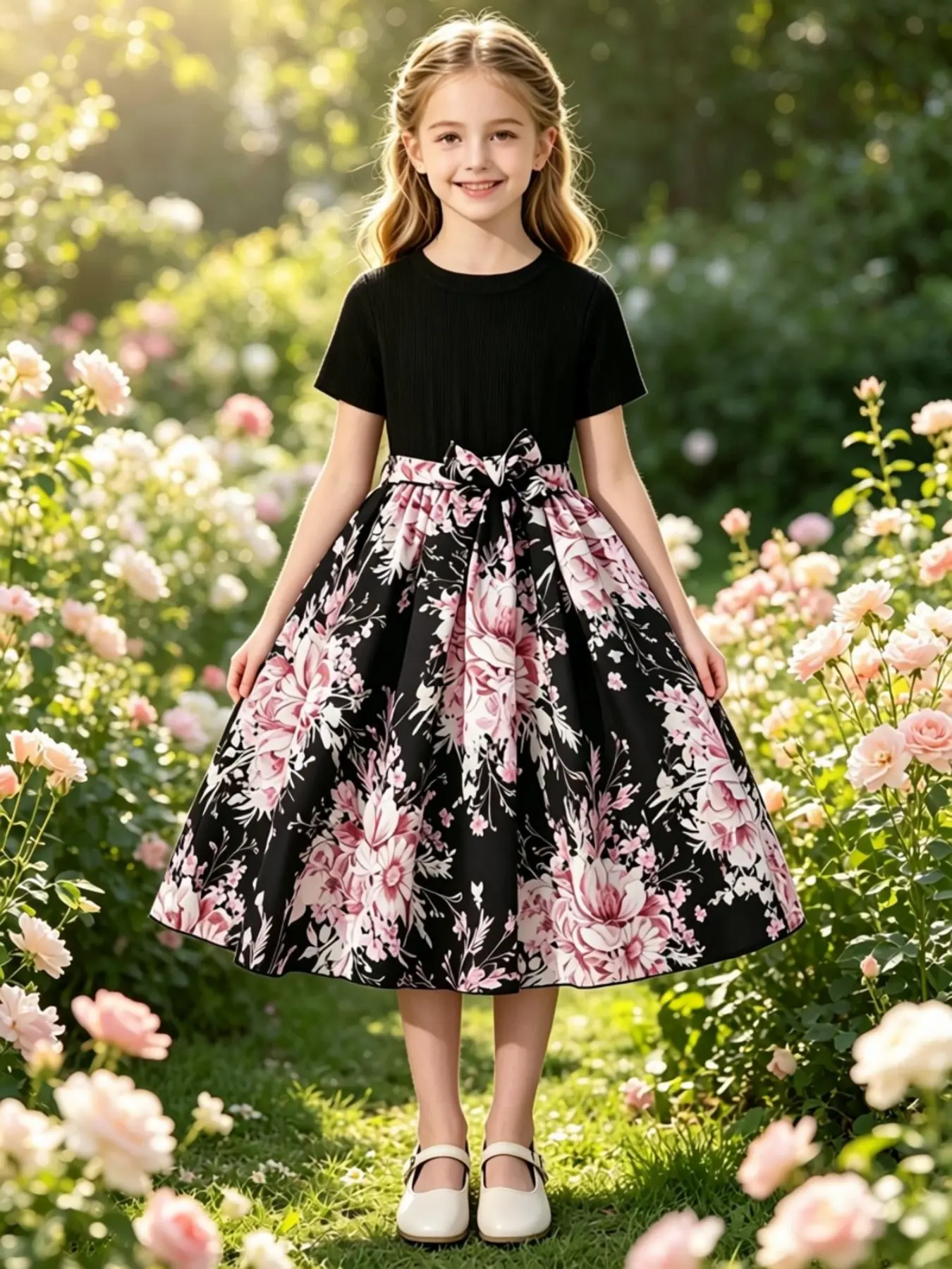 Girls' Floral Print Dress, Fitted Short Sleeve, Butterfly Knot Waist, Breathable Cotton, Summer for Parties & Playgrounds