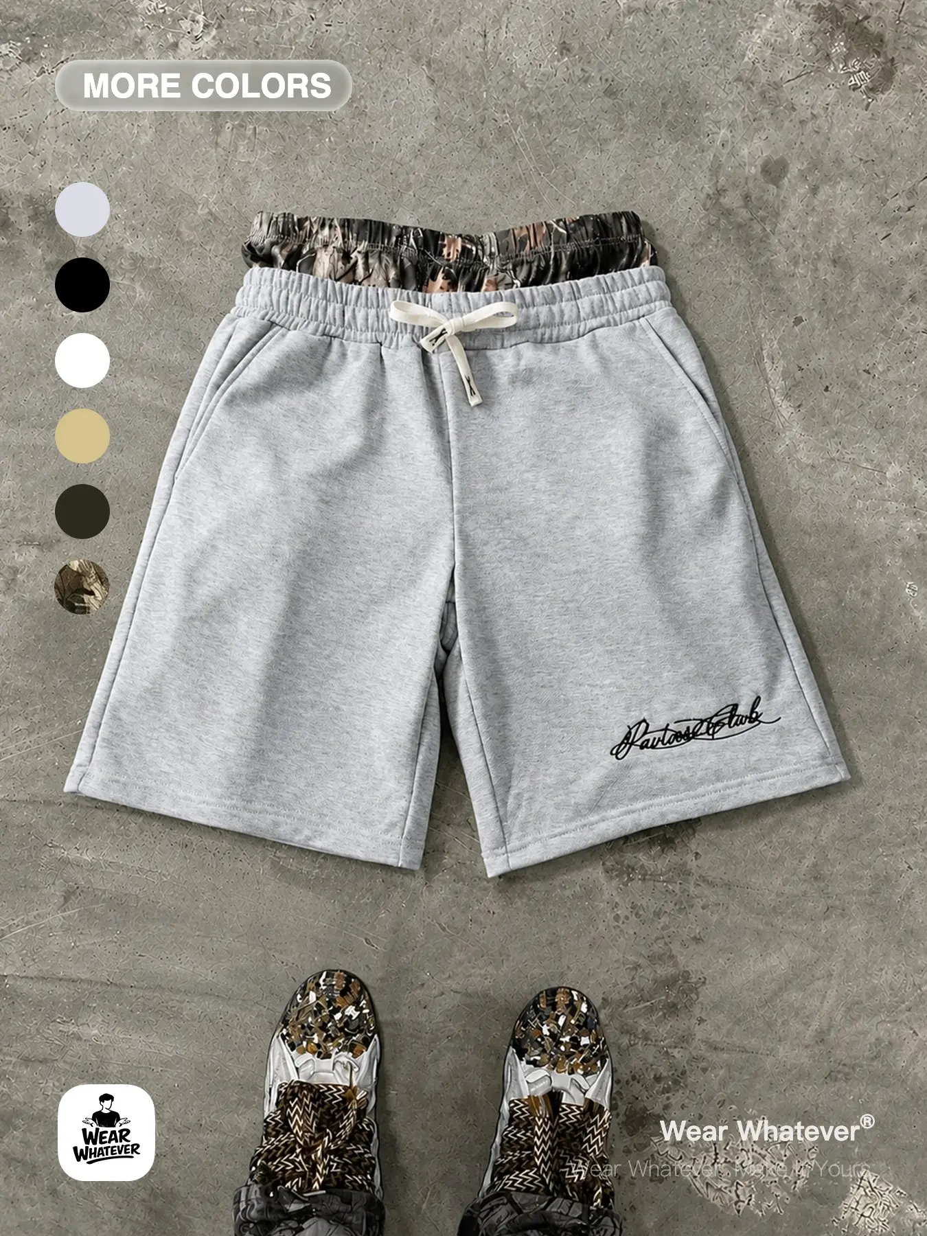 Wear Whatever Men’s Casual Sweat Shorts, Relaxed Fit Drawstring Shorts with Minimal Script Logo Design for Streetwear, Summer Daily Wear and Urban Casual Looks