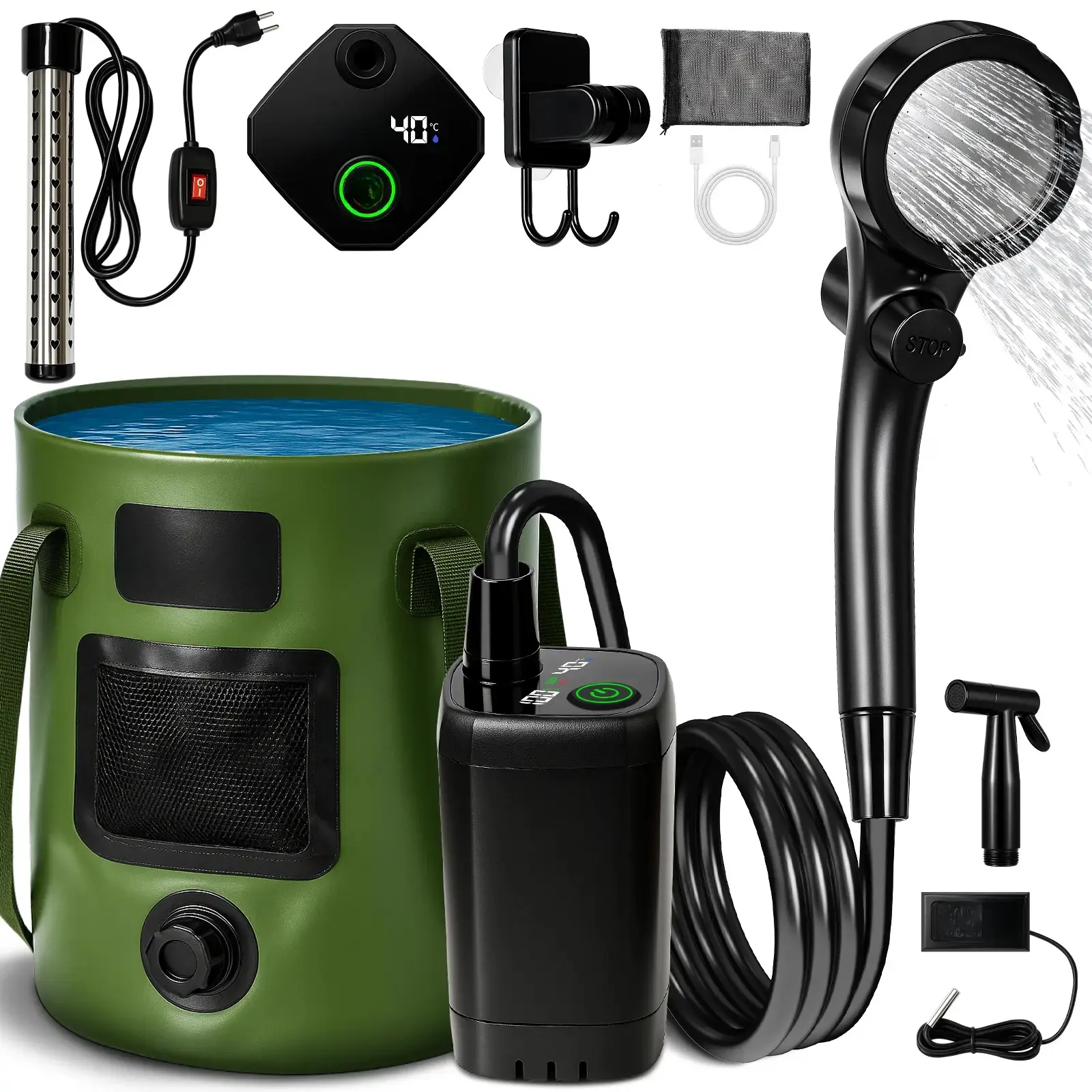 Portable Camping Shower Kit with Rechargeable 6000mAh Pump, Compact System with LED Temp Display, 3-Mode Head with PP Water Filter, and 5-Gal Bucket - Essential Camping Supplies for Hiking, Multi-Mode, Camping Accessories, Outdoor Shower