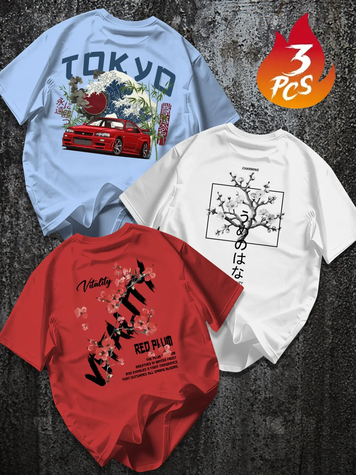 3-Pack Men's T-Shirts, Plum Blossom/ Sports Car Print Casual Graphic Design, American Streetwear Style, Loose-Fit Round Neck Short Sleeve, Casual Daily Wear