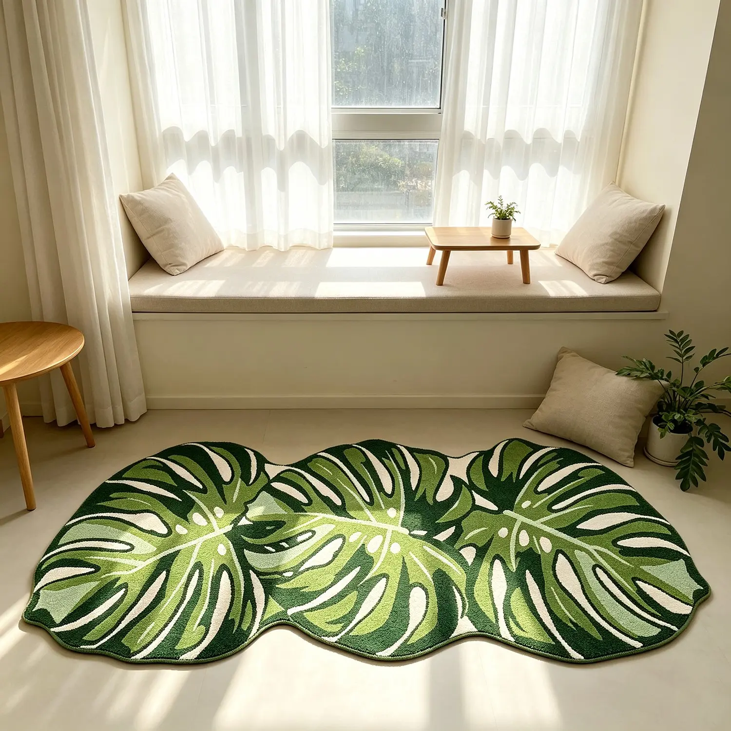 Tropical Plant Fern Leaf Rug, Style Irregular Long Mat, Nordic Bedroom Bedside Carpet, Living Room Sofa Decor Pad, Washable Natural Home Decor, House Decor Rug