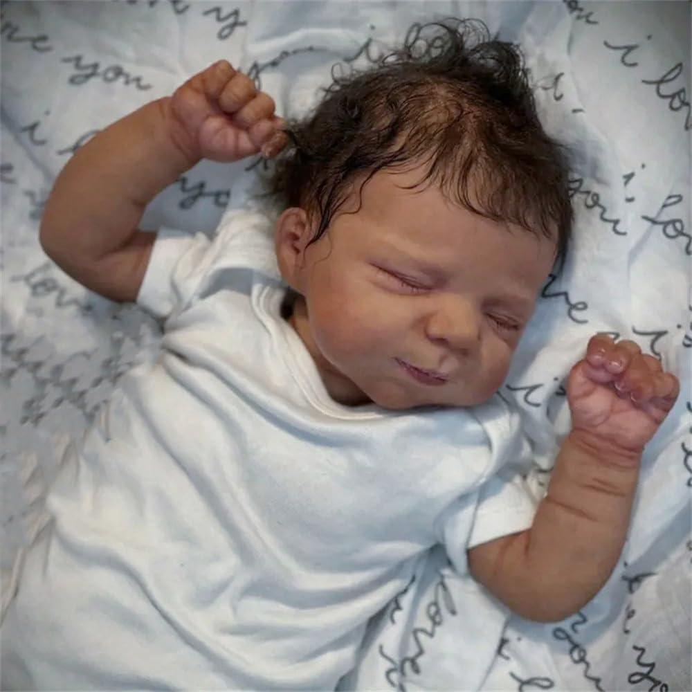 19 Inch Realistic Reborn Baby Doll, Lifelike Realistic Newborn, Gorgeous Doll, Reborn Doll Baby Dolls, Soft Vinyl Black Skin Sleeping Doll with Short Sleeve Crawling Clothes, Birthday Gift for Kids