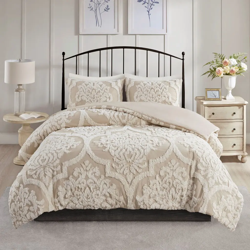 Nokaa King/Cal King 3-Piece Tufted Cotton Chenille Damask Duvet Cover Set, Soft Textured Bedding, Elegant Damask Pattern, Breathable Cotton, Machine Washable, Includes Duvet Cover and Pillow Shams, Bedroom Decor