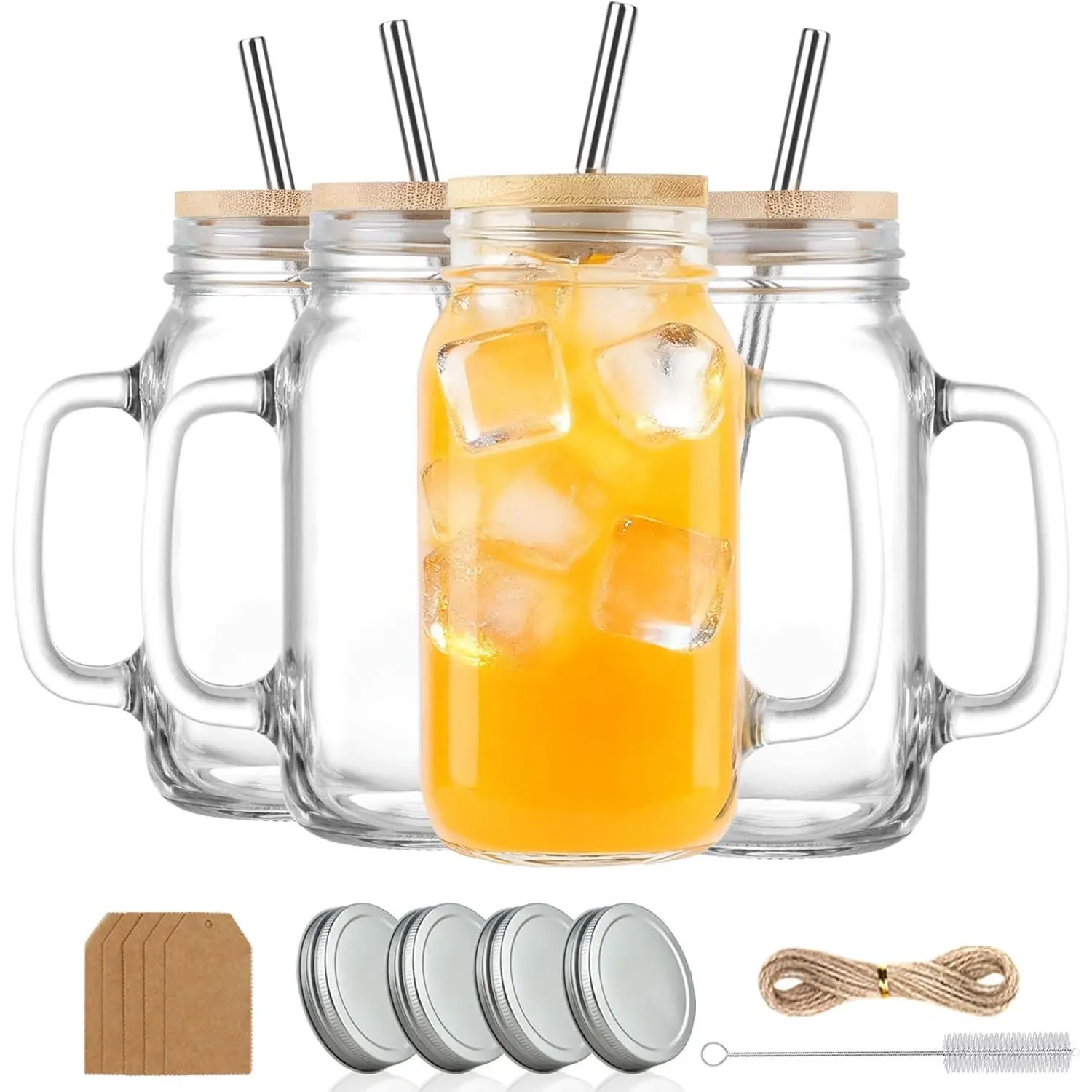 24 oz Mason Jar Cups Glass Drinking Jars with Handles Set of 4