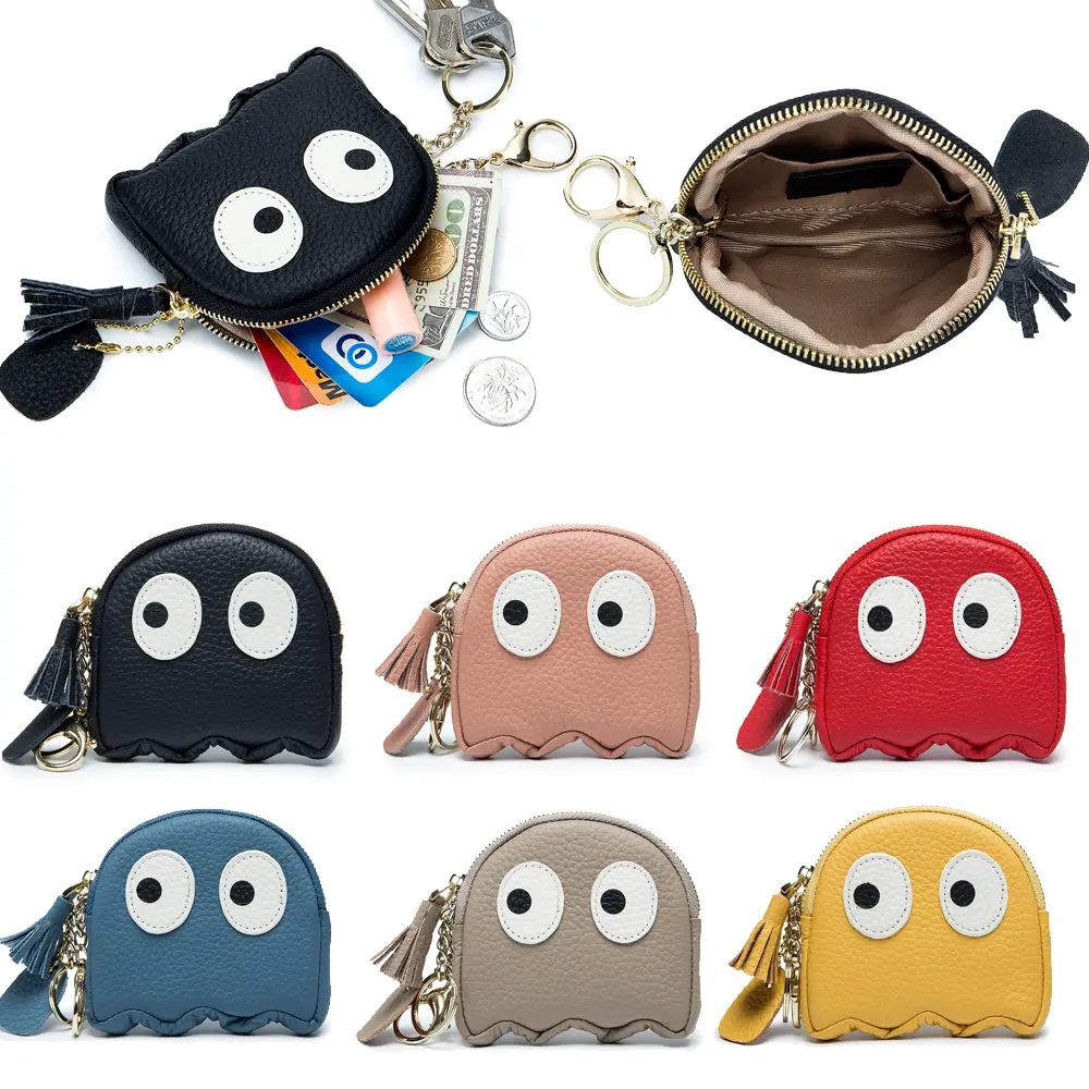 Cute Cartoon Eye Zipper Pouch Genuine Leather Mini Purse with 2 Keychain Small Wallet Card Coin Key Lipstick Small Storage Bag for Girls Women