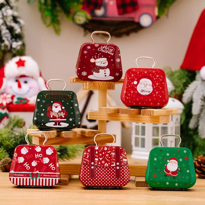 Mini Christmas Metal Tin Box with Handle, Cute Santa Snowman Pattern Small Suitcase‑Shape Gift Tin, Portable Candy Cookie Storage Box for Xmas Party Favor Holiday Present Packaging