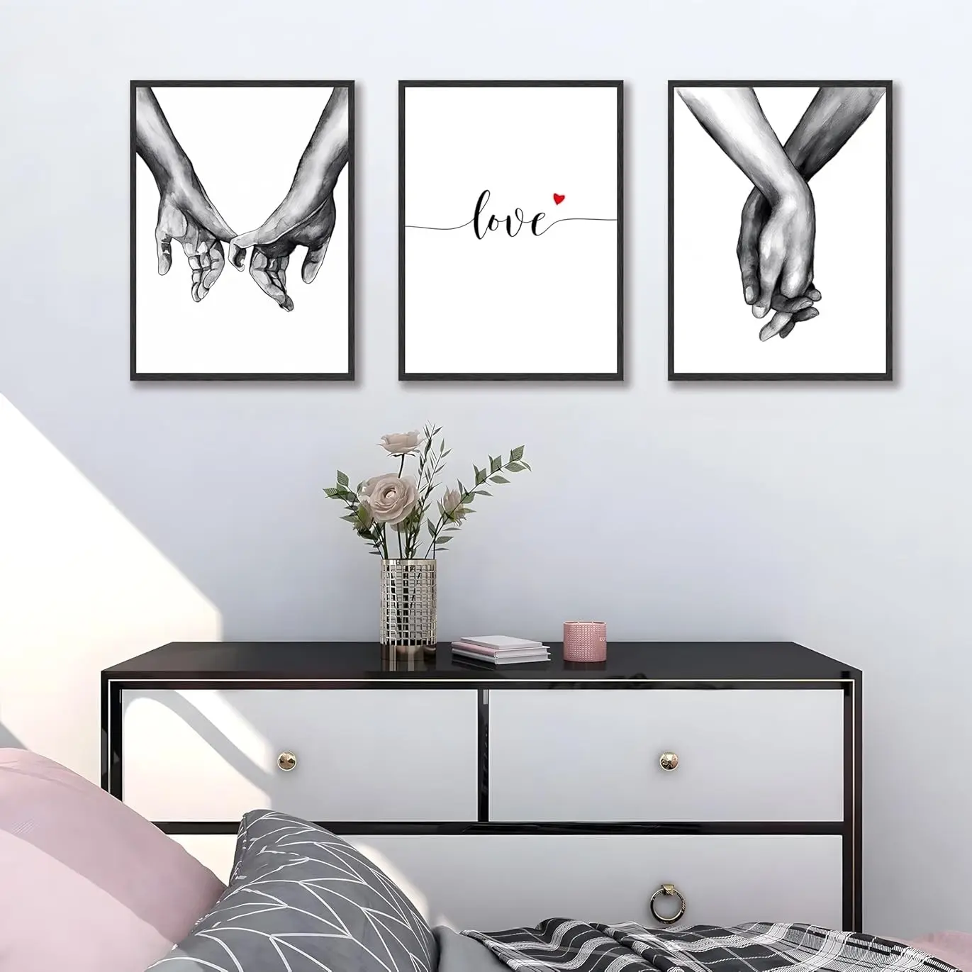 3 pcs Unframed Love and Hand in Hand Canvas Modern Wall Art Minimalist Black and White Love Theme Prints Posters Red Heart Romantic e Couples Sketch Art Line Drawing Wall Decor for Home Living Room Bedroom Office
