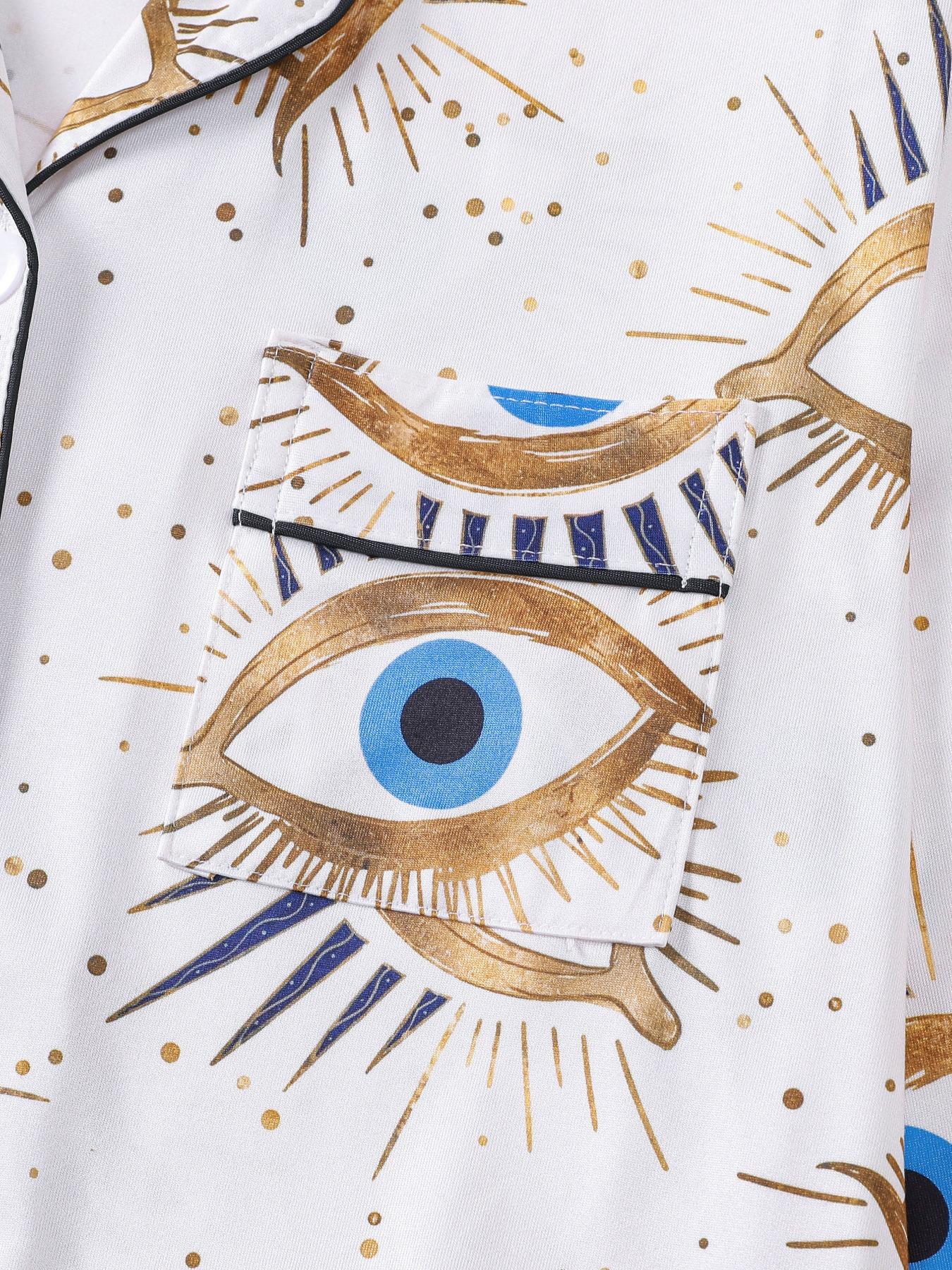 Women's Random Print Pajama Set Loungewear, Casual Comfy Long Sleeve Button Up Top & Elastic Waist Pants PJ Set, Ladies Sleepwear for All Seasons