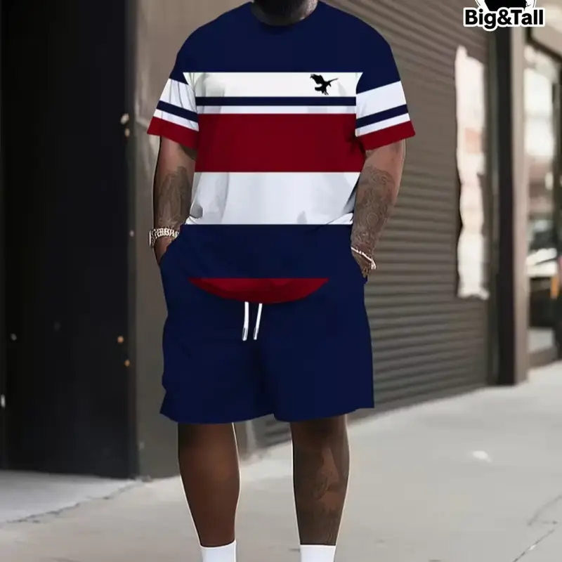 Men's Plus Size Summer Casual Sportswear Set, Sports Clothes, Breathable 3D Print Round Neck T-Shirt and Shorts, Knitted Fabric, Loose Fit, Outdoor Wear, Athletic Workout Clothing, Athleisure Wear, Summer Activewear, Sporty Set