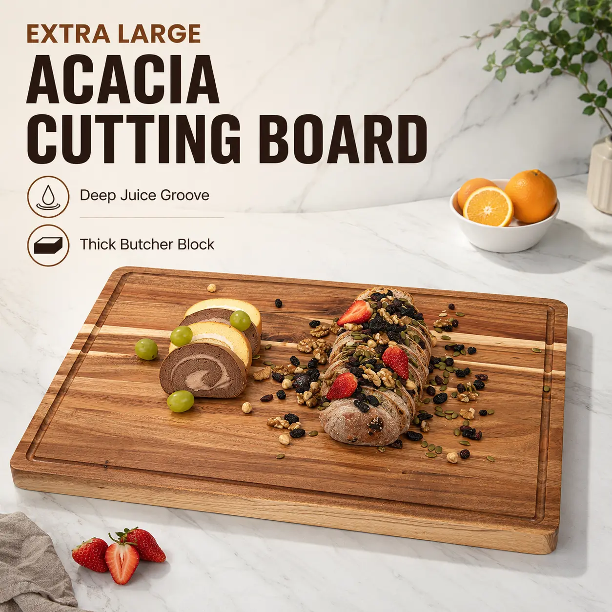 Professional Kitchen Cutting Board 20x15 Inch, 1.5" Thick Acacia Wood Butcher Block with Juice Groove, Multi-Functional Chopping Board for Meat Prep & Serving