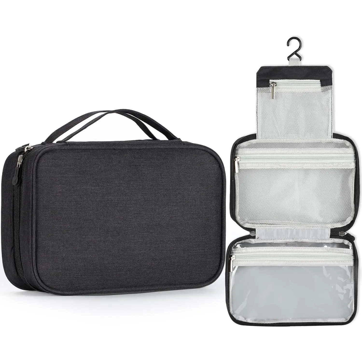 Compact Travel Toiletry Bag for Women & Men,   Shower Organizer with Hook, Portable Foldable Wash Pouch for Bathroom/Shaving/Camping - Small-Size Space-Saving Design- Black