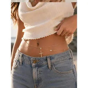 Double-Layer Rhinestone Waist Chain — Minimalist Cross Body Chain | Ideal Accessory for Beach Vacations and Everyday Midriff-Bar