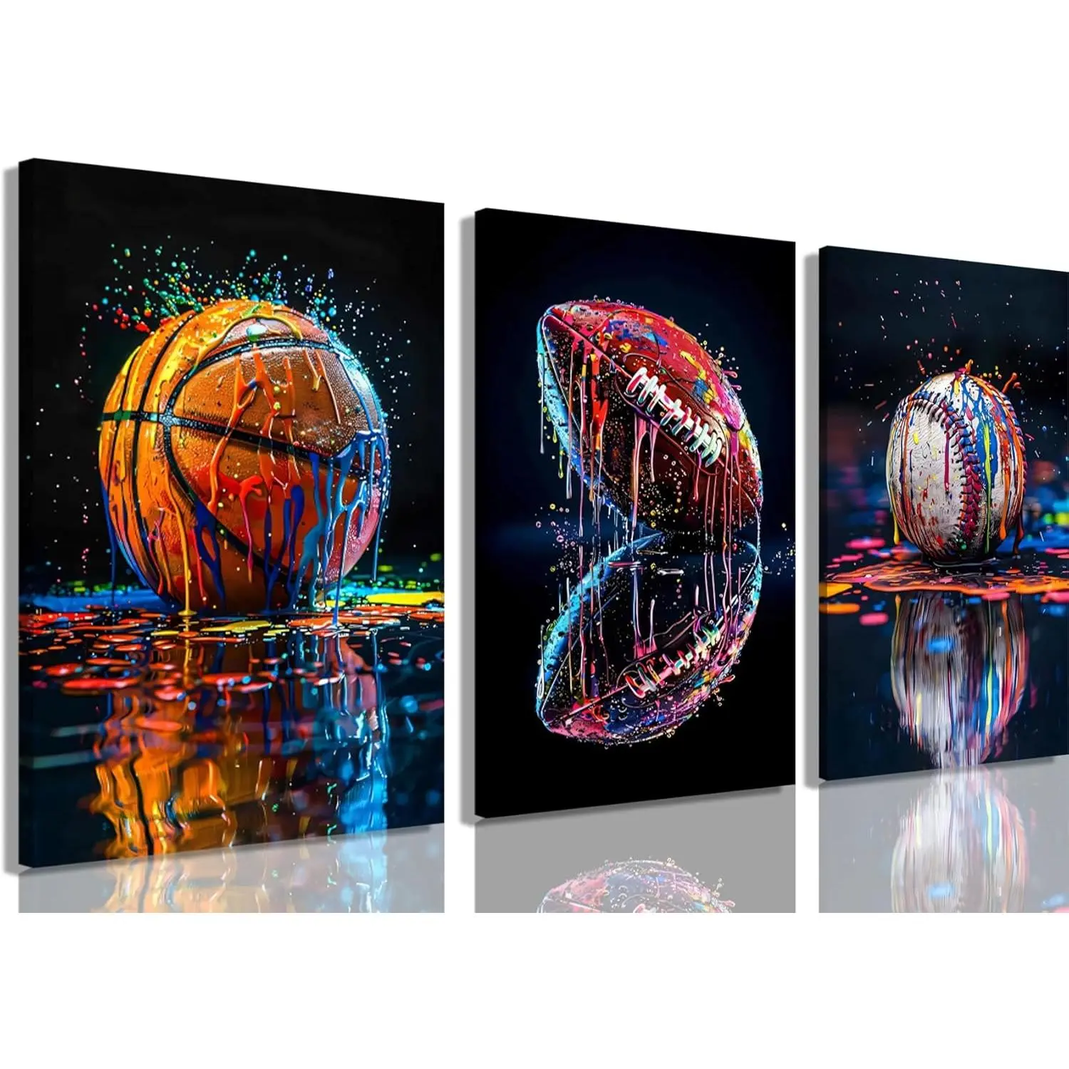 3-Piece Artistic Retro Sports Canvas Prints Set - Framed Graffiti-Style Basketball, Rugby, Football, Baseball Character Wall Arts, 12x16in Decoration for Boys Bedroom, Game Room Home Decor, Three Pieces Ornaments Photo