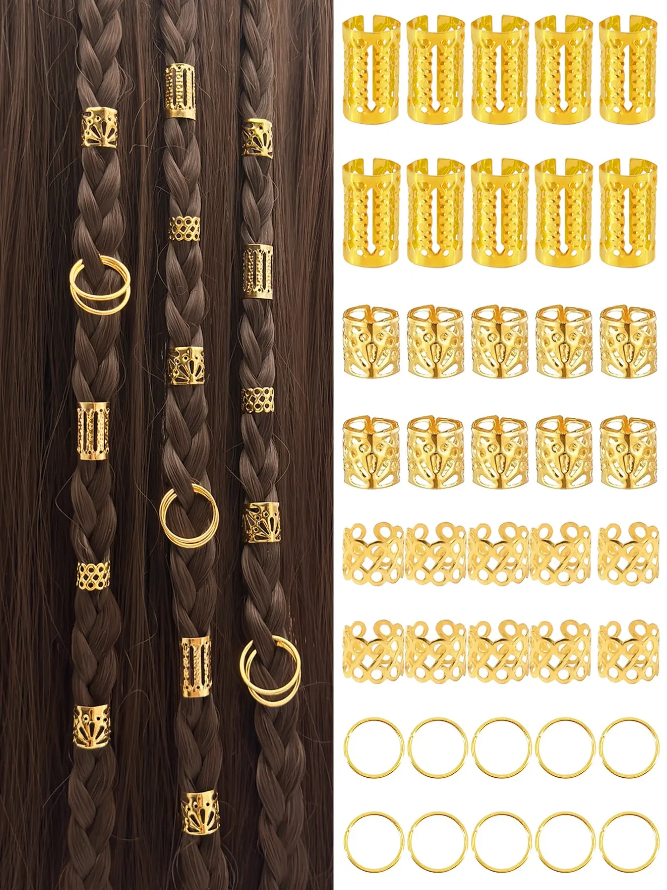 120pcs Alloy Hair Jewelry, Hair Cuffs for Braids, Metal Dreadlock Beads, Multi-Style Braids Accessories, Hair Decoration for Girls, Boho Style