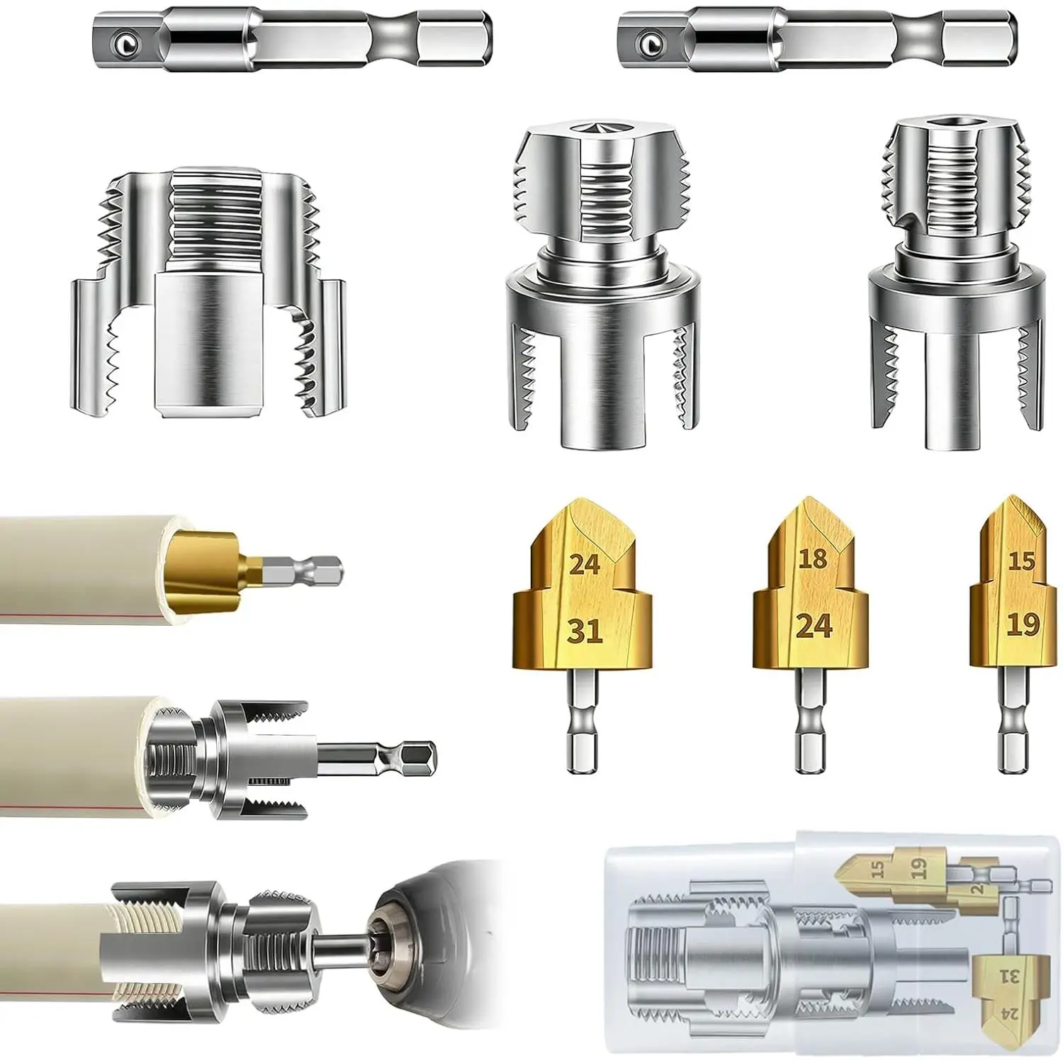 3PCS PVC Pipe Threader Tool Kit-1/2" 3/4" 1" Dual-Function Integrated Internal & External Pipe Threading Tool for Pipe,Compatible Threading Tool for Pipe Projects and Home Repairs