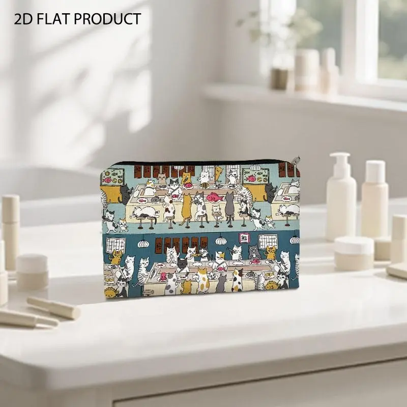 Whimsical Double-Sided Cat Sushi Restaurant Print Makeup Bag, 5.9*8.66inch Portable Cosmetic Organizer with Lively Cute Feline Dining Scene, Japanese Style Decor Pouch for Storing Skincare & Makeup Items During Travel, Daily Outings & Weekend Trips