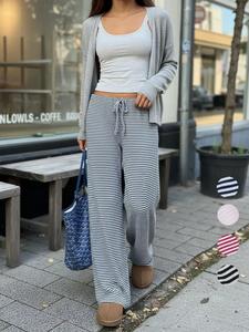 women's striped print drawstring waist pants, casual wide leg trousers for daily wear, ladies bottoms for fall, fallfreshness, downtown girl clothes, trousers for women, going out bottoms, womenswear, premium fabric