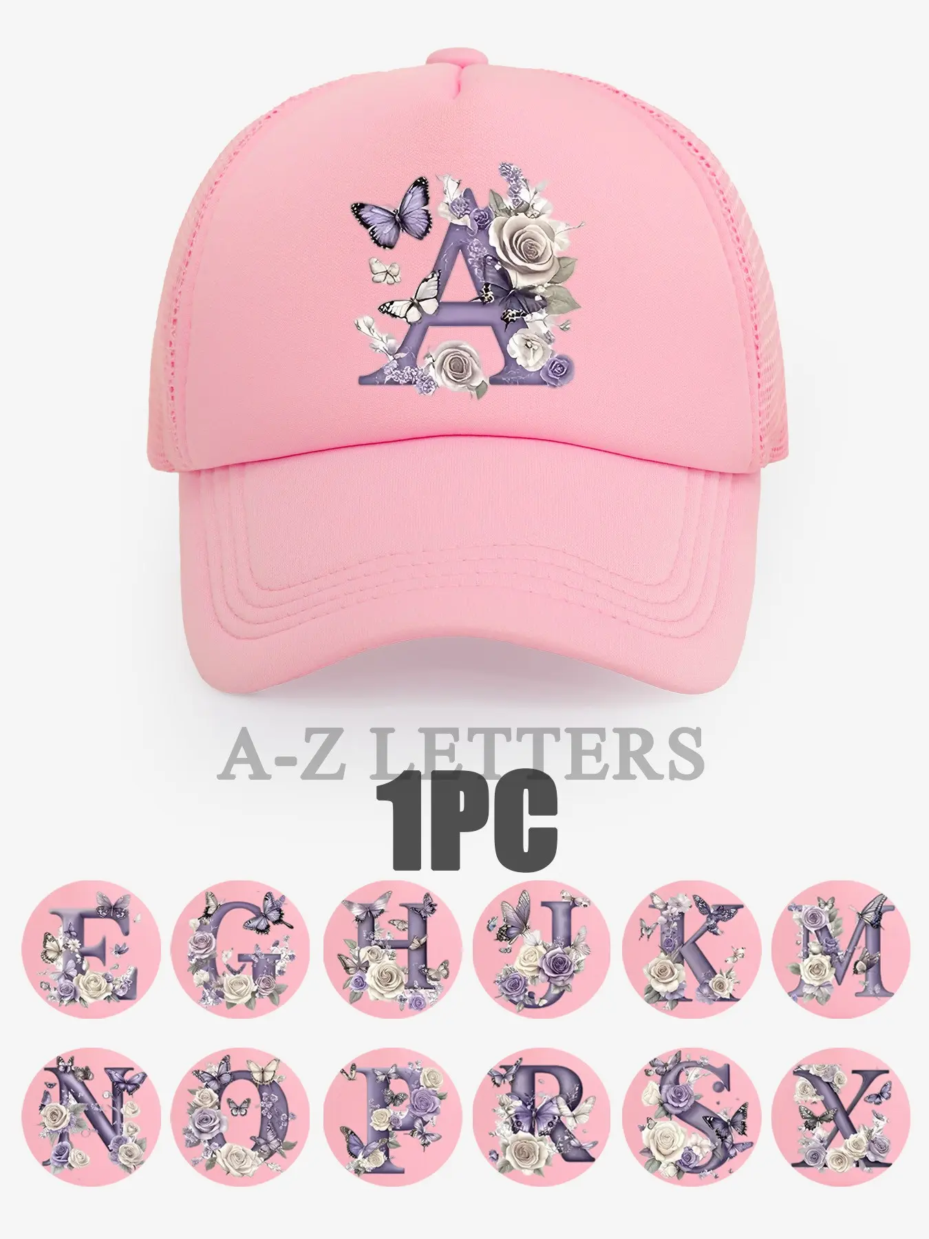 1PC stylish adult butterfly flower letter print truck cap, with 26 letter options available. A lightweight and breathable versatile sun-protective sponge net cap, suitable for daily outings and street wear in spring and summer for sun protection, and mak