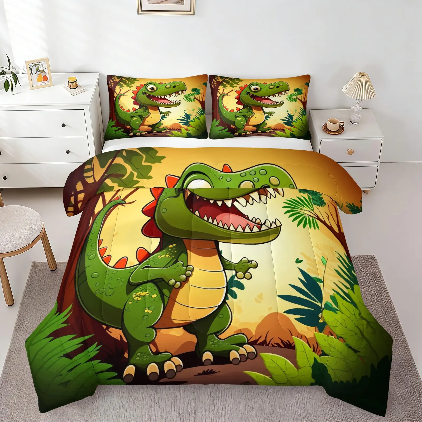 Kids Cute Dinosaur Printed Comforter Set, Cartoon Jungle Dino Bedding Set, 1 Quilt & 1/2 Pillowcase No Pillow Insert, Soft Microfiber Fun Style for Kids Room Bedroom Dorm for Boys Children Toddlers-2/3 Piece