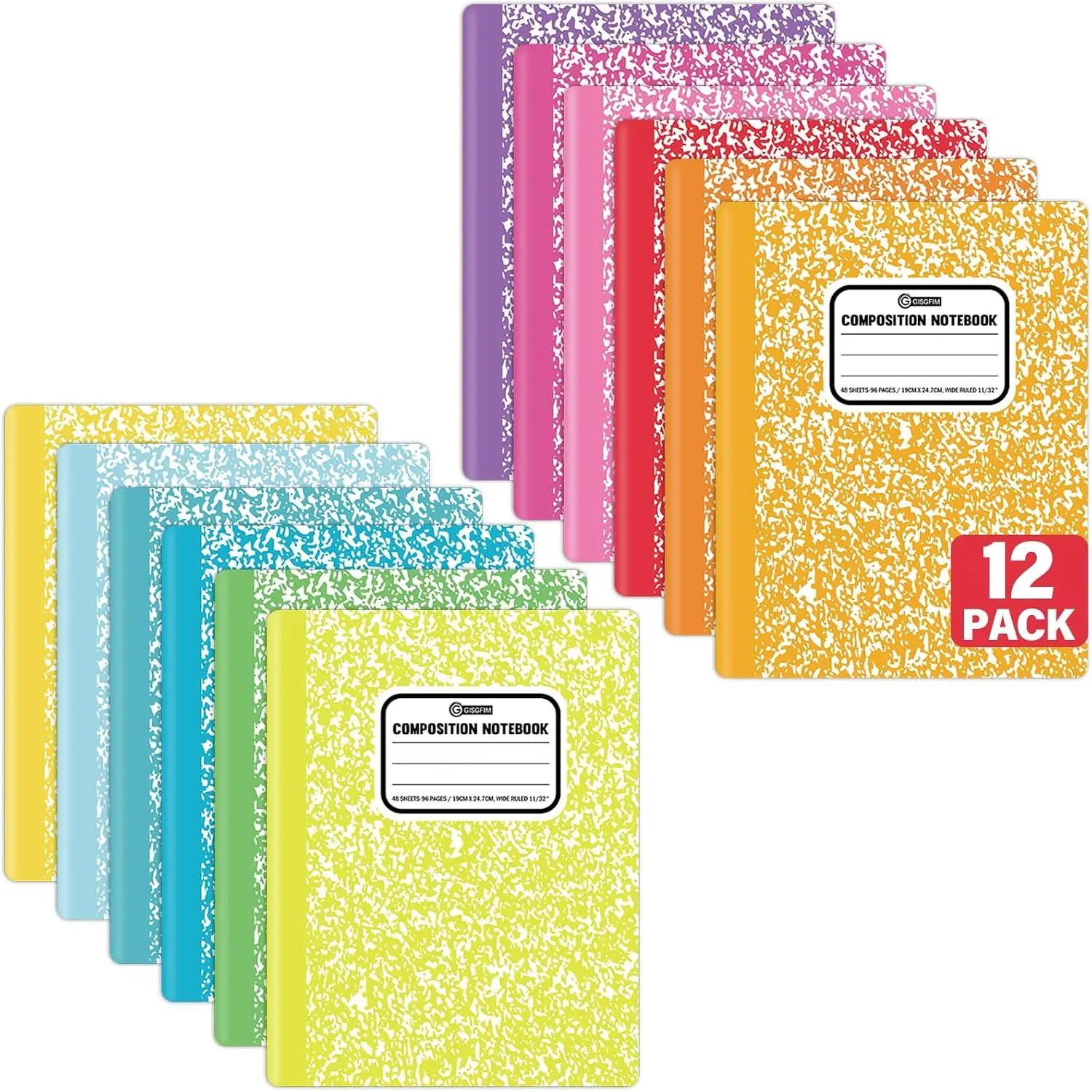 12-Pack Pastel Patterned Hardcover Composition Notebooks - Wide & College Rule, 12 Multi-Colors, 96 Pages (48 Sheets), 9.75x7.5in, Flat Layout, Marble Print, for Students, Office Stationery Use, Pastel Patterned Notebooks