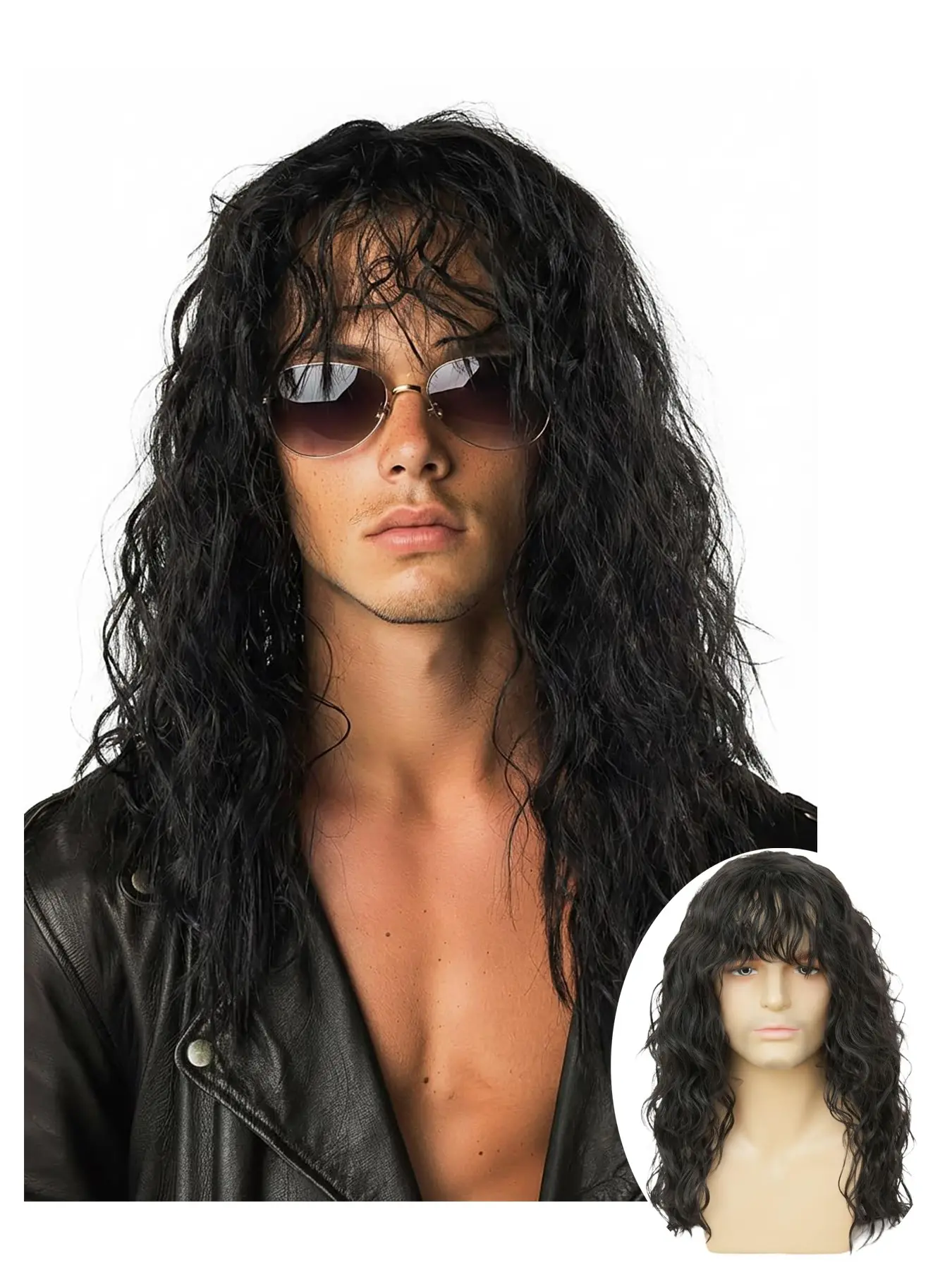 Men's Long Curly Wig with Bangs, Synthetic 70s 80s Rocker Punk Wig, Halloween Cosplay Hair Wig for Men, Stylish and Trendy