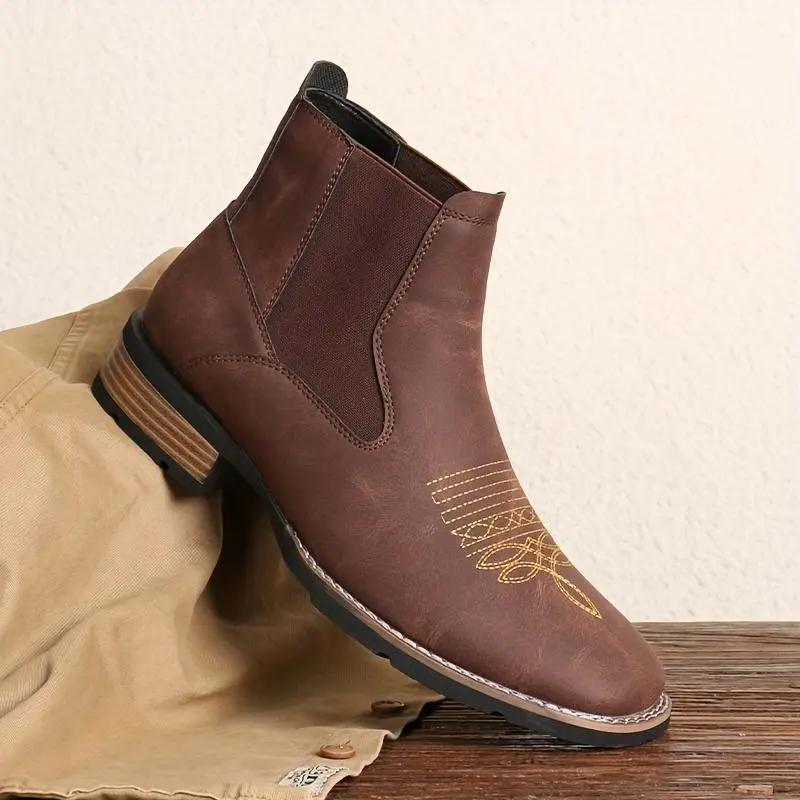 Men's Western Embroidered Chelsea Ankle Boots, Pull-On Elastic Gusset, Cowboy Style Casual Work Boots for American Men