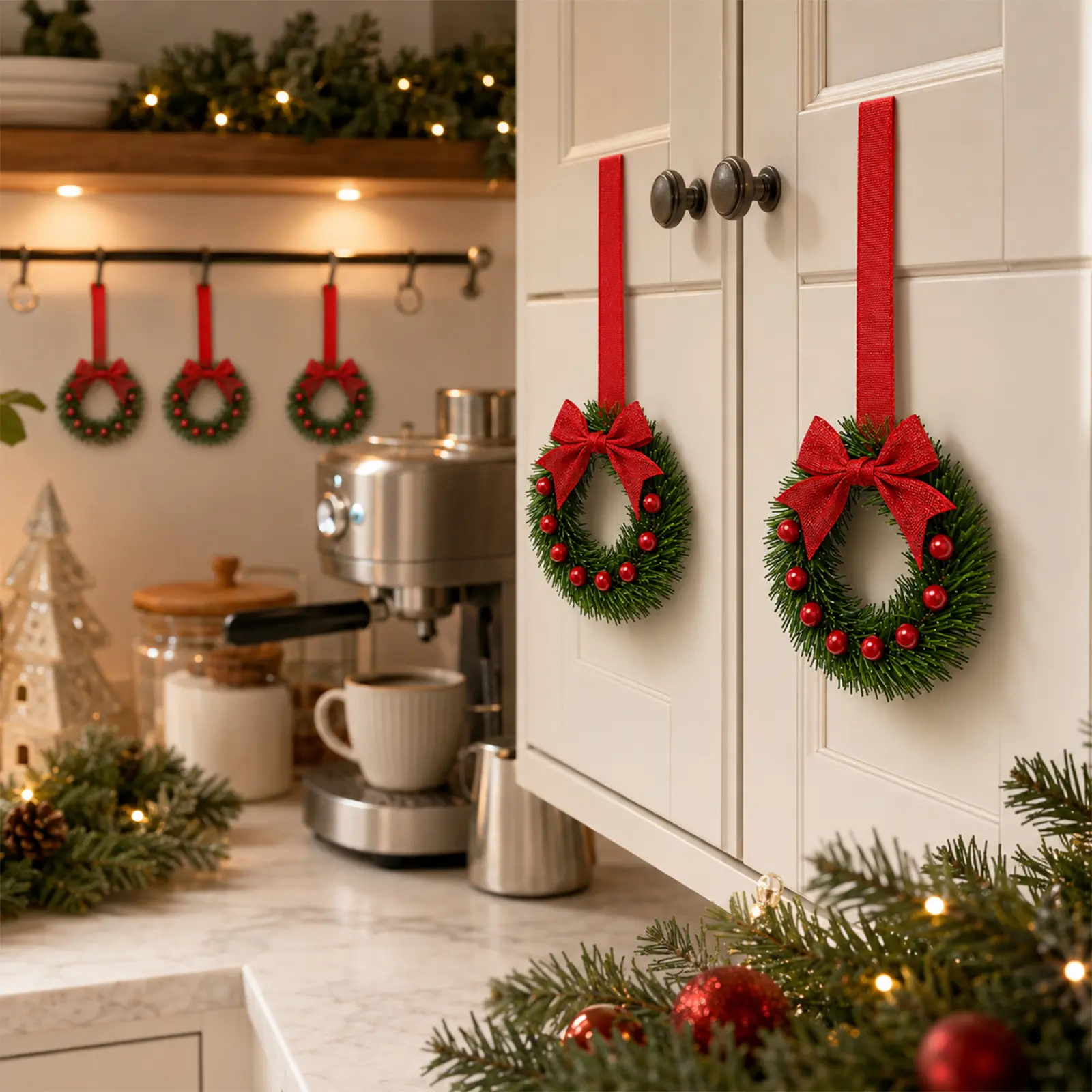 12 Pcs Christmas Kitchen Cabinet Wreaths with Ribbon 3.94 Inch Mini Christmas Wreath Small Kitchen Xmas Decor for Window Door(Red,Classic Style)