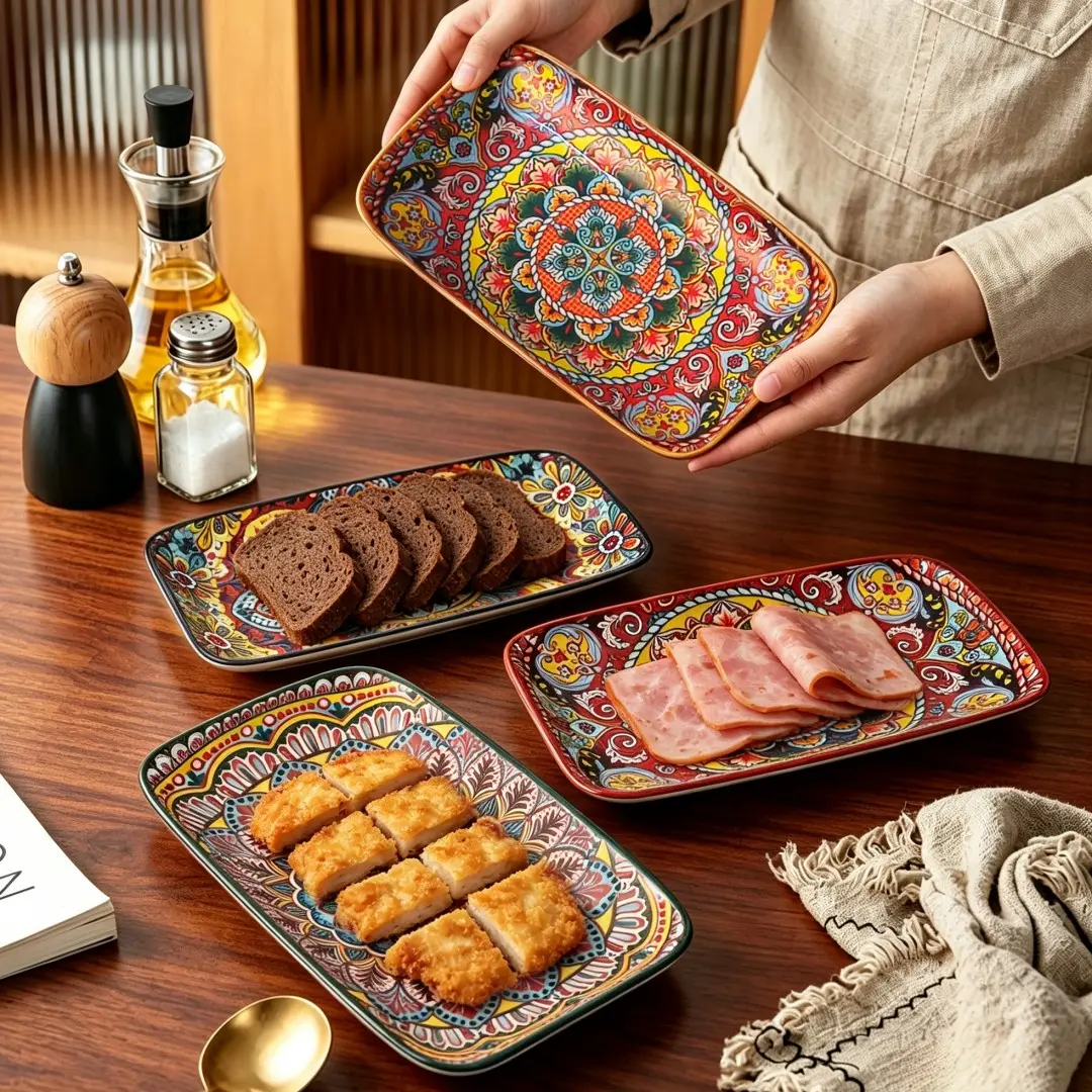 4pcs Japanese Rectangular Ceramic Plates, Floral Pattern, Long Rectangle Design, Food Serving or Decorative Dishes, Versatile Usage, Flower Pattern Plate, Ceramic Plate