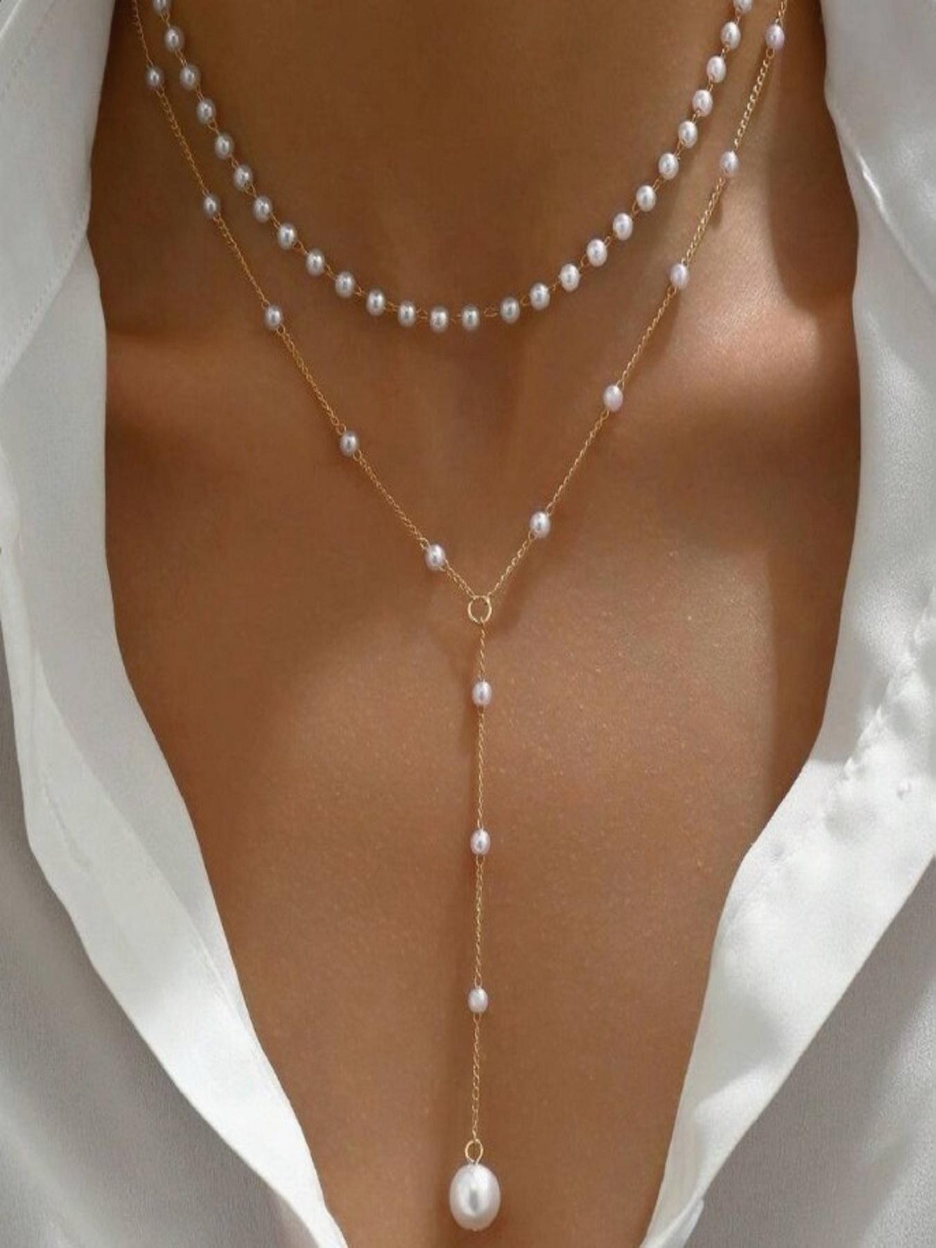 Women's Elegant Faux Pearl Decorated Layered Necklace, Boho Style Pendant Necklace for Party, Daily Decor, Daily Wear Necklace, Trendy All-match & Exquisite Jewelry for Birthday Gift