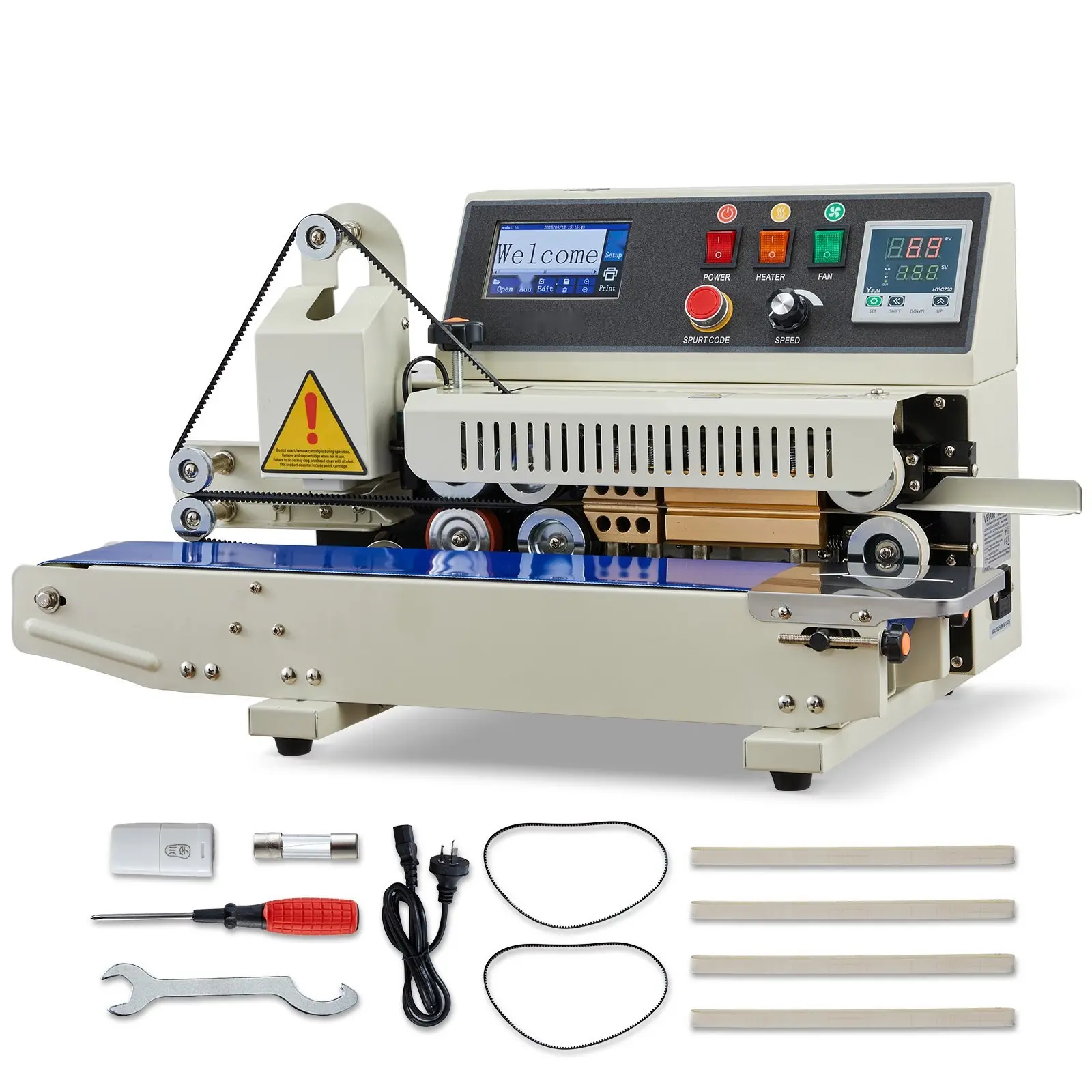 Continuous Band Sealing Machine for Bags, Horizontal Heat Sealer with 0.24-0.47 In Seal Width, Ink Printing Capability, Temperature and Speed Adjustable, Suitable for 0.001-0.03 In Plastic Bags, Industrial Packaging Equipment