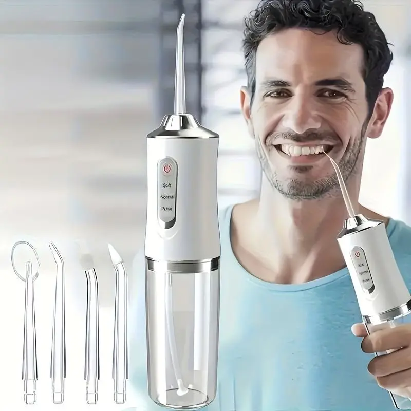 Portable Handheld Electric Tooth Cleaner, Water Flosser Cordless, USB Rechargeable, Three Modes, Four Nozzles, Large Water Tank, Ideal for Home Travel Gift