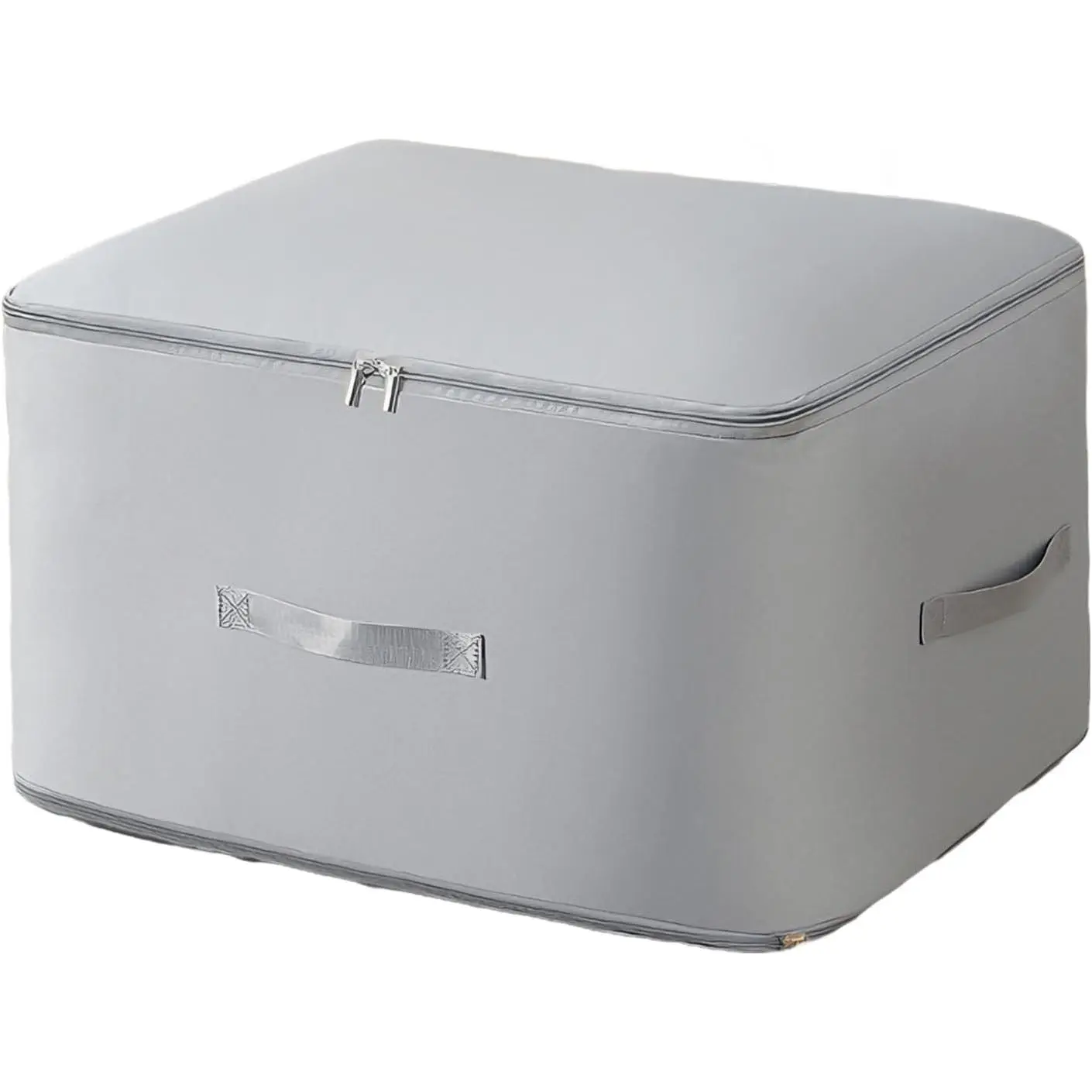 Compression Storage Cube for Comforters (1-Pack, Light Grey, 11x6.3x1.2in) | nylon,grey,thin compress,1-hand fold,holds 2 comforters,reinforced seam,smooth zip,dust/ proof,side handle,wipe-clean