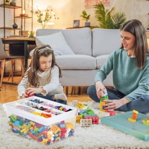 Plastic Storage Bins with Lids - 1 Set Stackable Arts Crafts Organizer Box with Removable Divided Tray &Compatible Building Baseplate,Toy Chest Containers for Bricks -White(14.37"x9.64"x6.69")