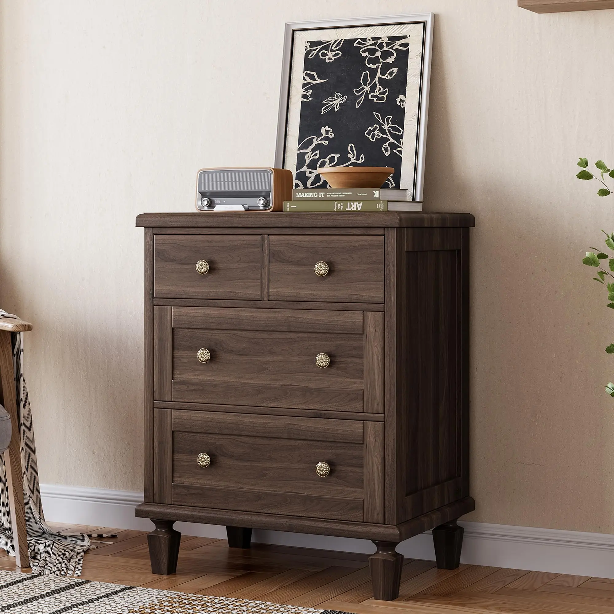 Vintage 4-Drawer Wooden Dresser Single Unit - Mid-Century Indoor Cabinet with Carved Handles, Tapered Legs, Large Storage Space for Bedroom Use