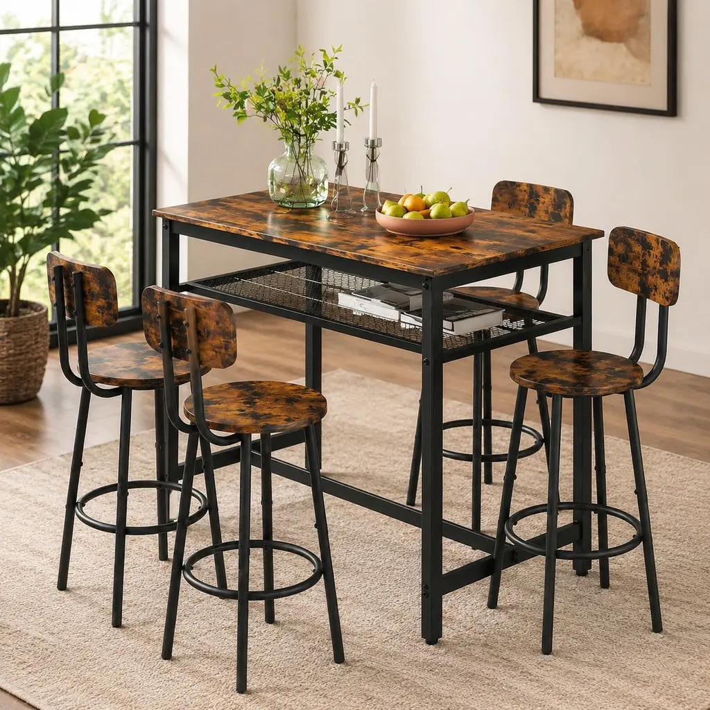 5-Piece Counter Height Dining Table Set with 4 Stools, Espresso Wood and Black Metal, Compact Kitchen Furniture for Small Spaces