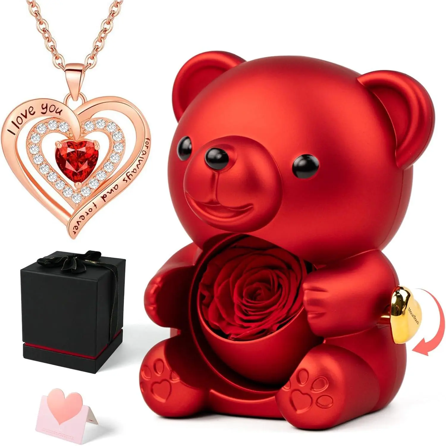 Teddy Bear with Preserved Rose, Real Rose in Elegant Gift Box with Necklace  Women, Bear Roses Gifts  Mother's Day,Weddings,Valentine's Day,Anniversary,Birthday, Red