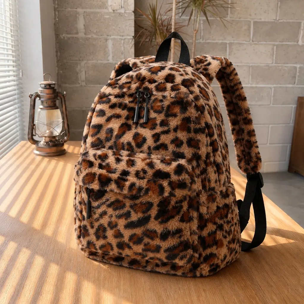 Cozy Plush Large Capacity Backpack for Women Cute Leopard Print Fuzzy Bag Daily Matching Street Trend Curved Shoulder Strap Soft Casual Autumn Winter Everyday Essential Soft Touch Calming Cute Streetwear Style Roomy Fuzzy Daypack for School Travel Work