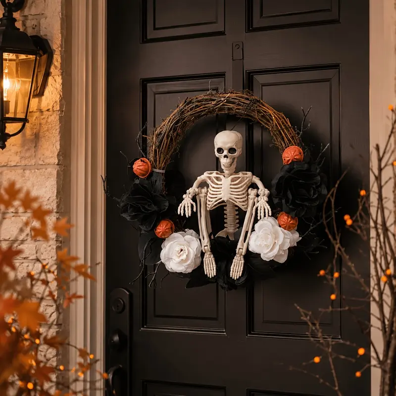 Halloween Skull Door Wreath, Black and White Floral Hanging Wreath with Orange Bells, Skull Bone Accent Front Door Decor for Porch, Wall, Mantel and Halloween Party