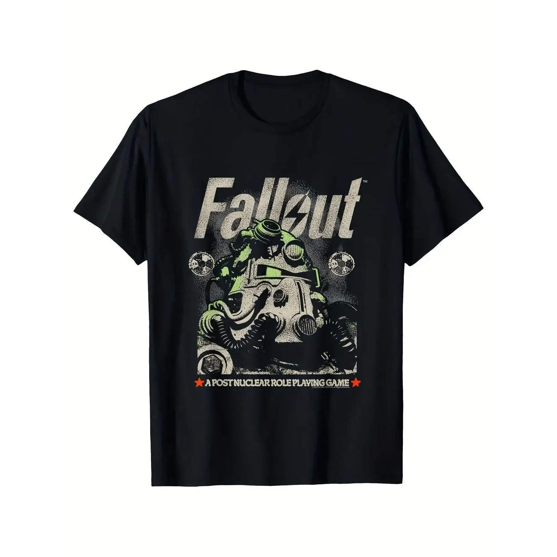 Vintage Fallout Retro Distressed Power Armor Helmet Graphic Crew Neck Tee for Men, Classic Post-Nuclear RPG Game A Post Nuclear Role Playing Game Red Star Accent Print Short Sleeve Casual Pullover T-shirt, Retro Wasteland Video Game Fan Regular Fit Knit T