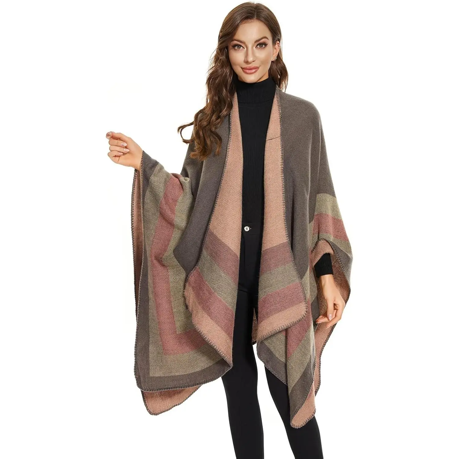 Women's Elegant Knitwear Shawl Wrap - Open-Front Knitted Poncho Scarf Blanket Cardigan Coat for Spring, Autumn